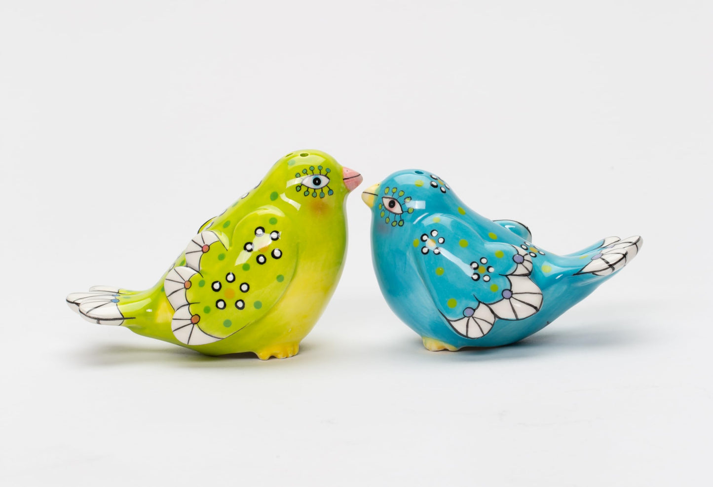 Fine Ceramic Flight of Fancy Hand Painted Blue and Green Love Birds Salt & Pepper Shakers Set, 3-3/8" L