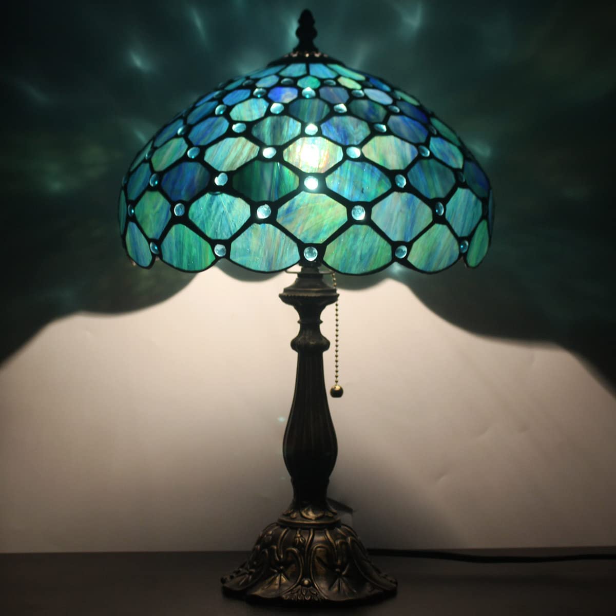 ZJART Tiffany Table Lamp Stained Glass 12X12X19 Inch Sea Blue Pear