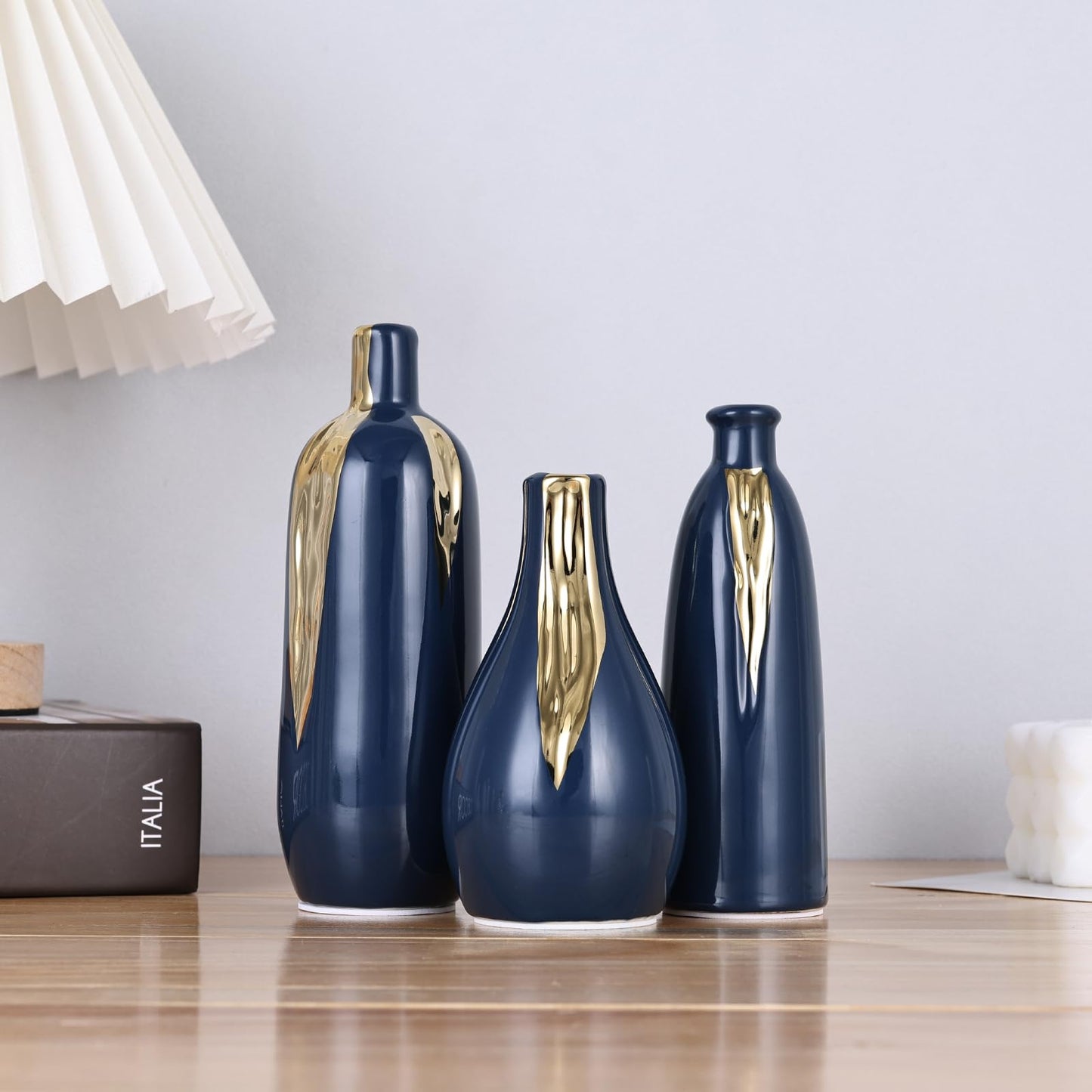 Blue and Gold Mini Ceramic Vase Set of 3, Small Ceramic Vase Set for Decorative, Bud Vases for Centerpieces Nightstand Kitchen, Boho Farmhouse Home Coffee Table Tray Decor