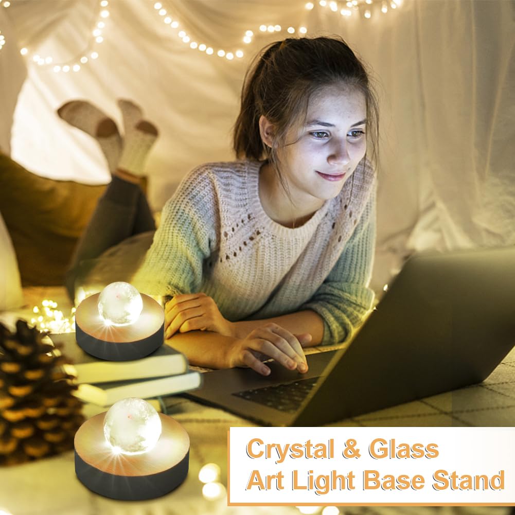 Quivorant 4pack LED Light Base, Round & Square Crystal Display Base for Glass Art/Acrylic, 3D Crystal Ball Wooden Lights Display, Warm Light Resin Art Pedestal Plate(3.2inch)
