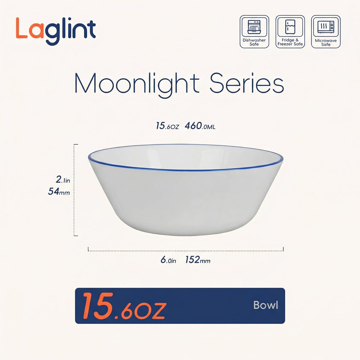 LaGlint 16OZ Opal Glass Cereal and Soup Bowl Set of 4, 6 inch Dishwasher & Microwave Safe Round Bowls for Salad and Rice, Hand Painted Navy Blue Rim
