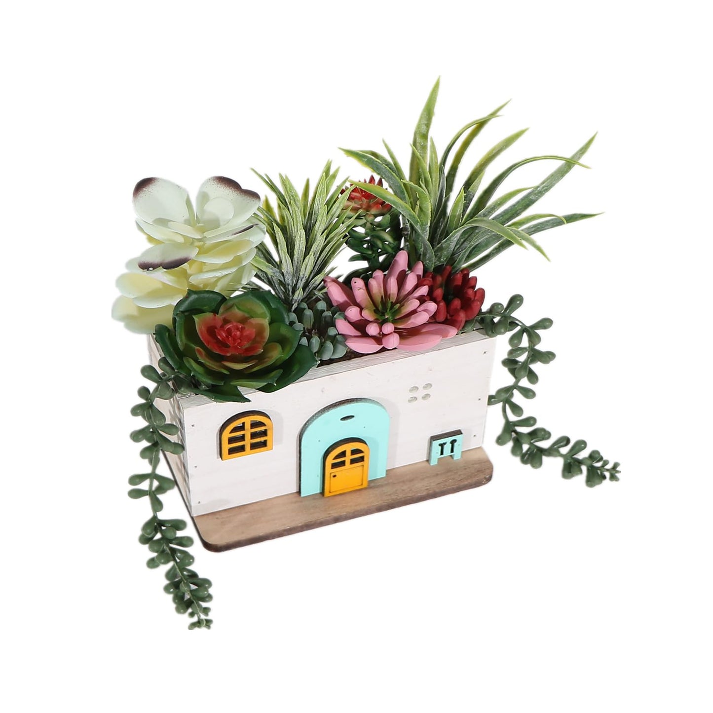 COTSEN 7.9 Inch Artificial Succulent Plants Wooden House Shape Potted Plants Gardening Gifts Fake Succulents for Home Office Indoor Outdoor Decor