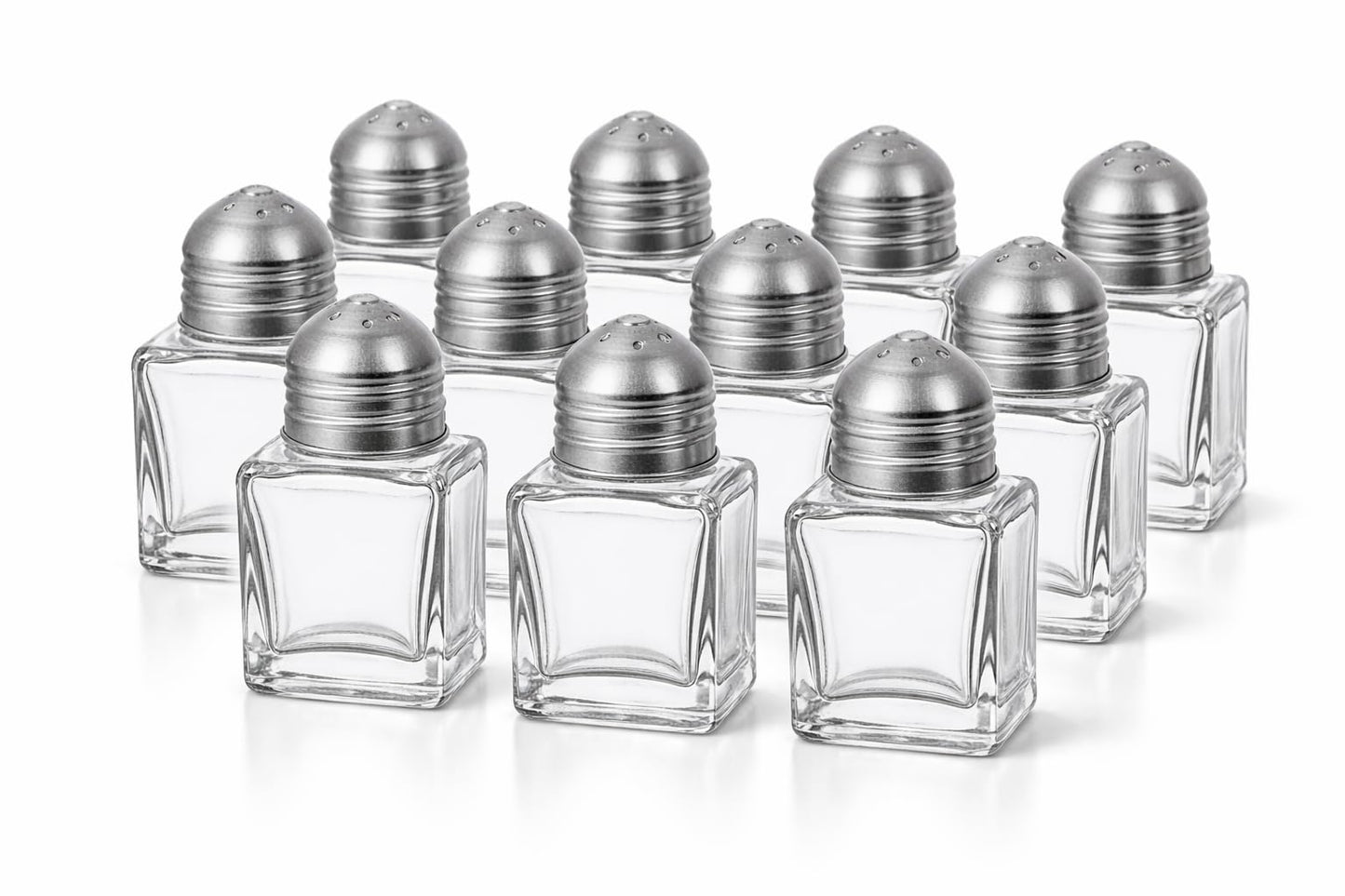12 Pack Glass Salt and Pepper Shakers with Stainless Steel Lids – Square Refillable Spice Shaker Set for Restaurant, Kitchen, Diner & Commercial Use