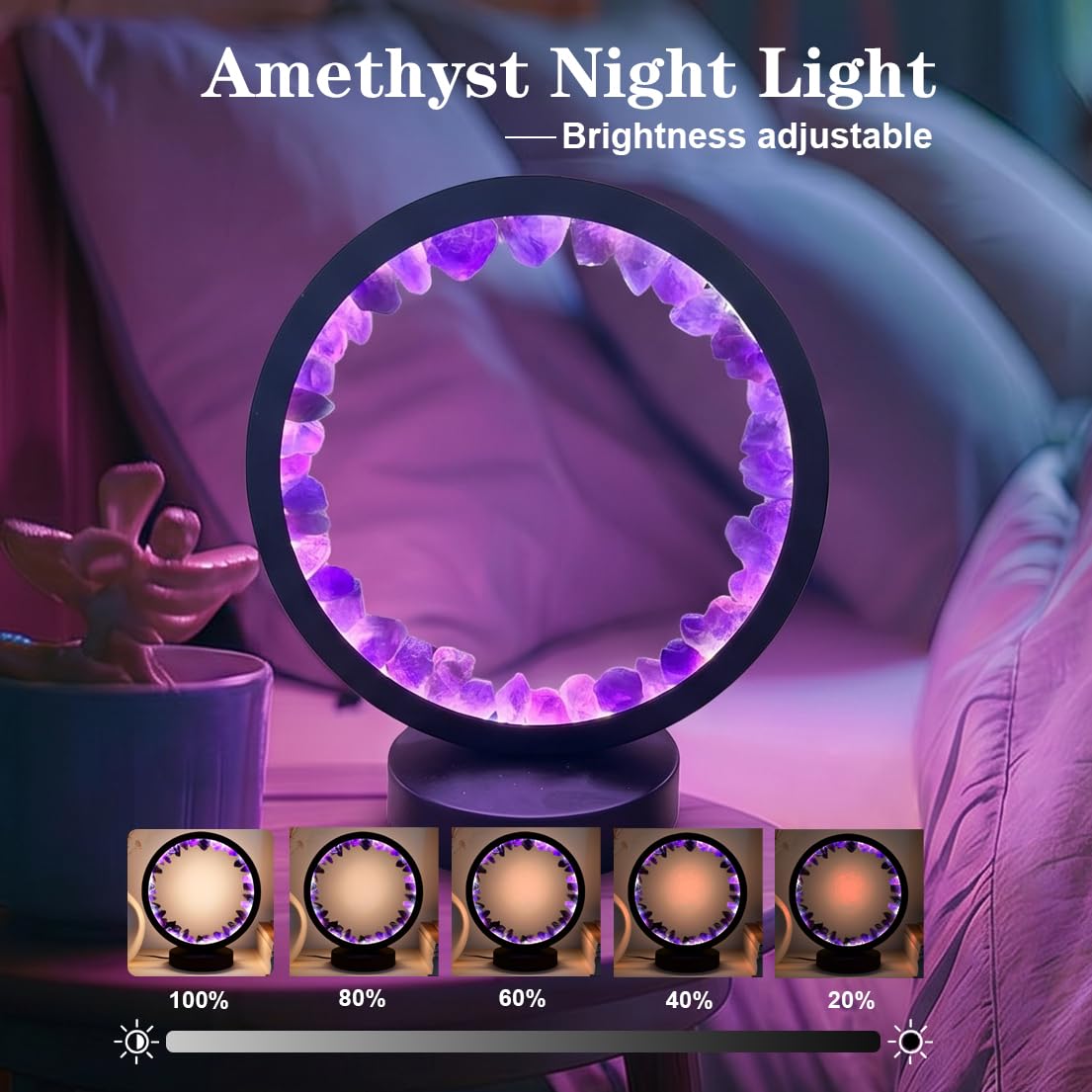 RUIJINGYUAN Natural Amethyst Night Light - 7.9" Healing Crystal Lamp, USB Powered, 3 Light Modes with Dimming Function, Bedside Lamp, Suitable for Bedroom, Living Room Furniture Decoration Gift