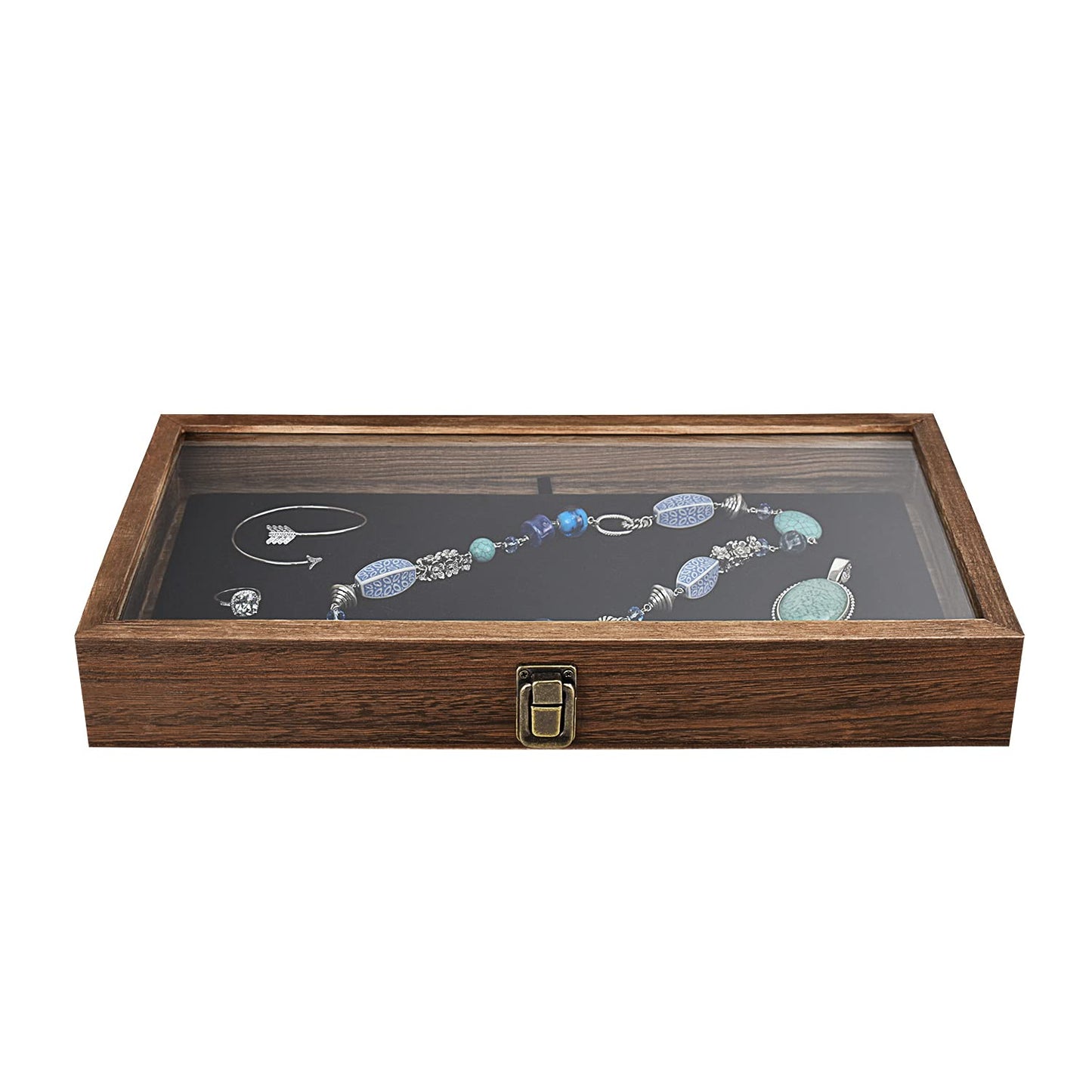 MOOCA Wooden Jewelry Display Case with Tempered Glass Lid and Removable Black Luxurious MDF Velvet Jewelry Display Pad, Pocket Knife Eyewear Case, Brown Color