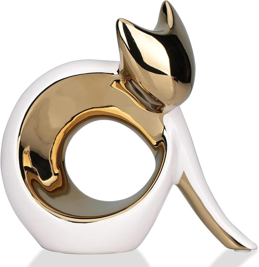 UANYEMON Abstract Sitting Modern Cat Sculpture for Home Decor, 5.9'' White and Gold Ceramic Minimalist Cat Figurine, Decorative Animal Statue for Table Shelf Desk Mantle Entryway, for Cats Lovers