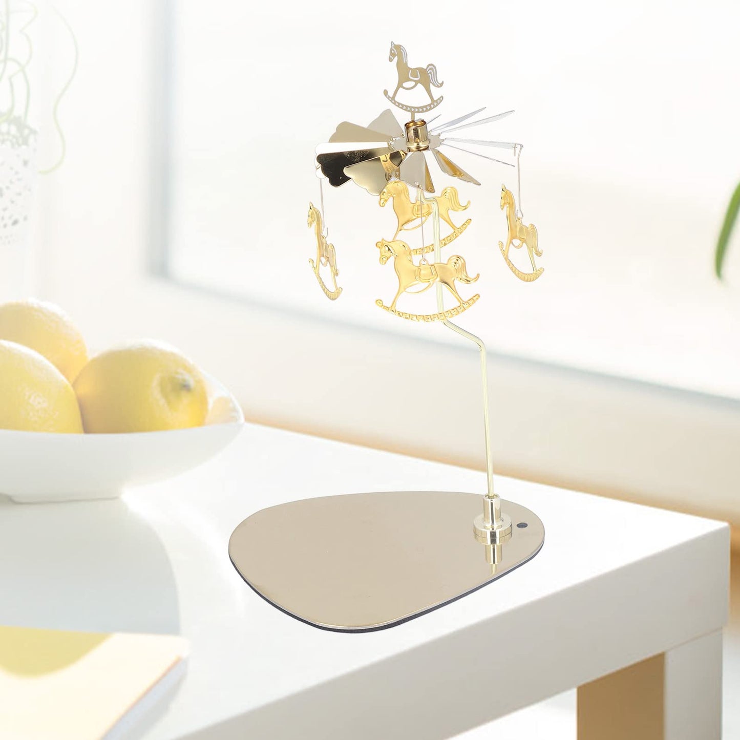 Candle Holder Round Triangle Candle Holder Rotating Candle Holder Tray Rotating Aromatherapy Wind Chime Candle Holder (Golden Wooden Horse (no Candle Cup))