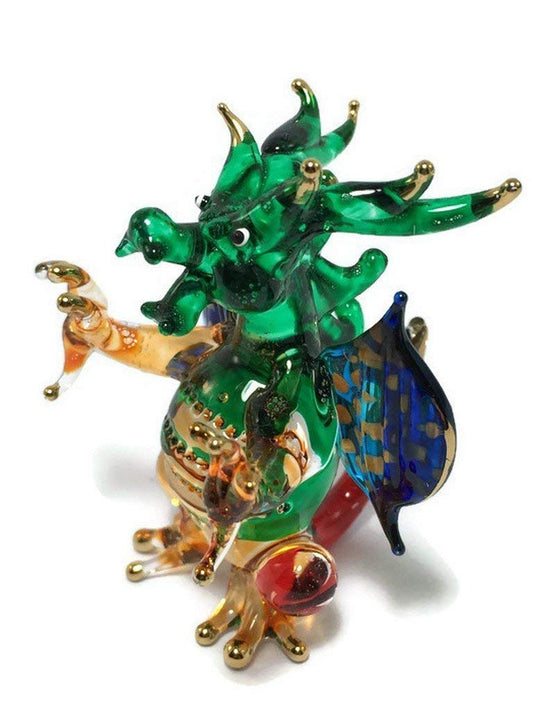 Mr_air_thai_Glass_Blown 2" Green Blue Yellow Sit Western Dragon Glass Figurine Hand-Blown Statue Tabletop Decoration Unique Collectible for Adult Collectors Handcrafted Elegant Home Decor