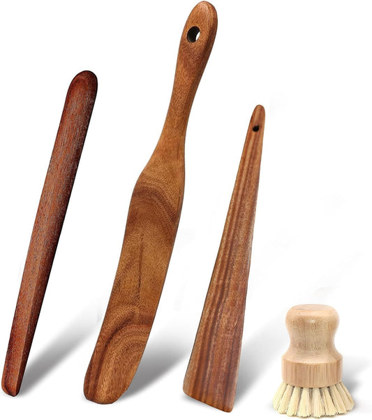 Golyhel Wooden Kitchen Utensils Set, 4 Pcs Natural Acacia Wood Cooking Tools - Spurtle Set with Spatulas & Cleaning Brush, Non-Scratch for Non-Stick Pans, Safe for Home Cooking