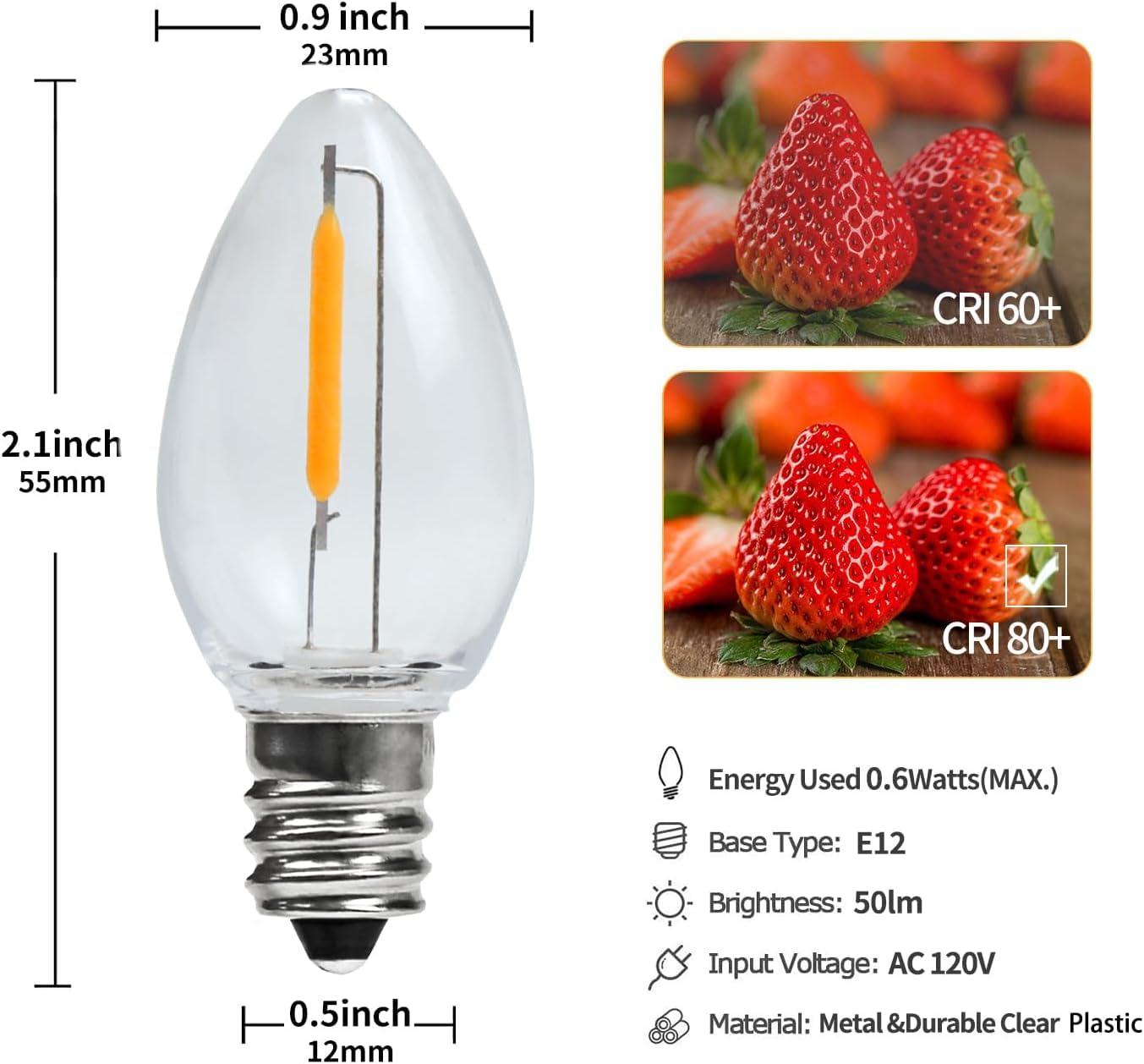 Erxiugs 25 Pack LED Night Light Bulbs, C7 Shatterproof Replacement Led Light Bulb for String Light, E12 Base Salt Lamp Bulbs, 0.6W Equivalent to 7W, Warm White 2200K, 50LM