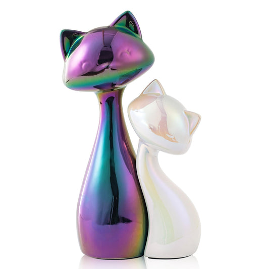 SURE YUESI Ceramic Cat Statue Set, Black & White Cute Cat Figurines, Lucky Cat Desk Decor for Cat Lovers, Modern Collectible Home Decor for Bookshelf & Living Room