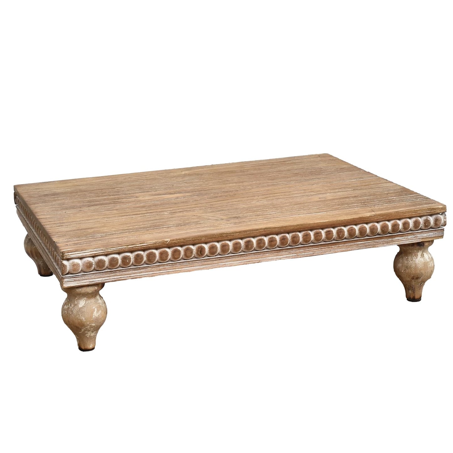 SwallowLiving Farmhouse Wood Riser for Display Decorative, Rustic Shabby Chic Tray for Kitchen Counter, Coffee Bar Table, Dining Room, Wooden Rectangle Beaded Pedestal Stand for Food, Natural