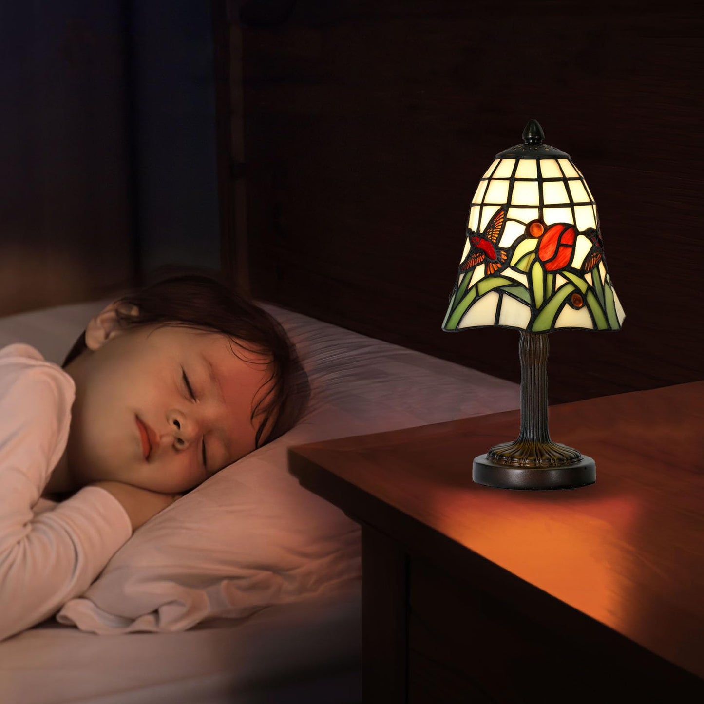HomeBeauty TL0039 Tiffany Style Mini Table Lamp,Handmade Stained Glass Hummingbird Tulip Accent Lamp,W 6" x H 11.75" Small Desk Lamp for Bedroom Living Room,Nightstand,Coffee Table, LED Bulb Included