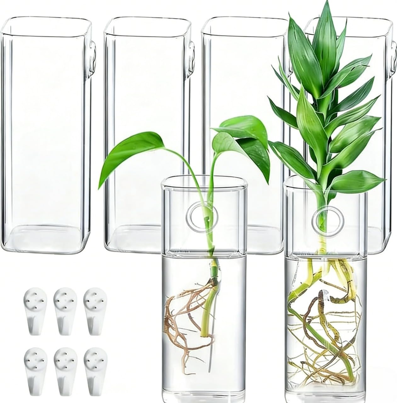 Aulufft 6 Pcs Glass Wall Mounted Planters, Hanging Glass Tubes Flower Vase, Wall Vase for Plants Indoor, Propagation Wall Planter Container for Hydroponics Plants, Garden Wedding Decor