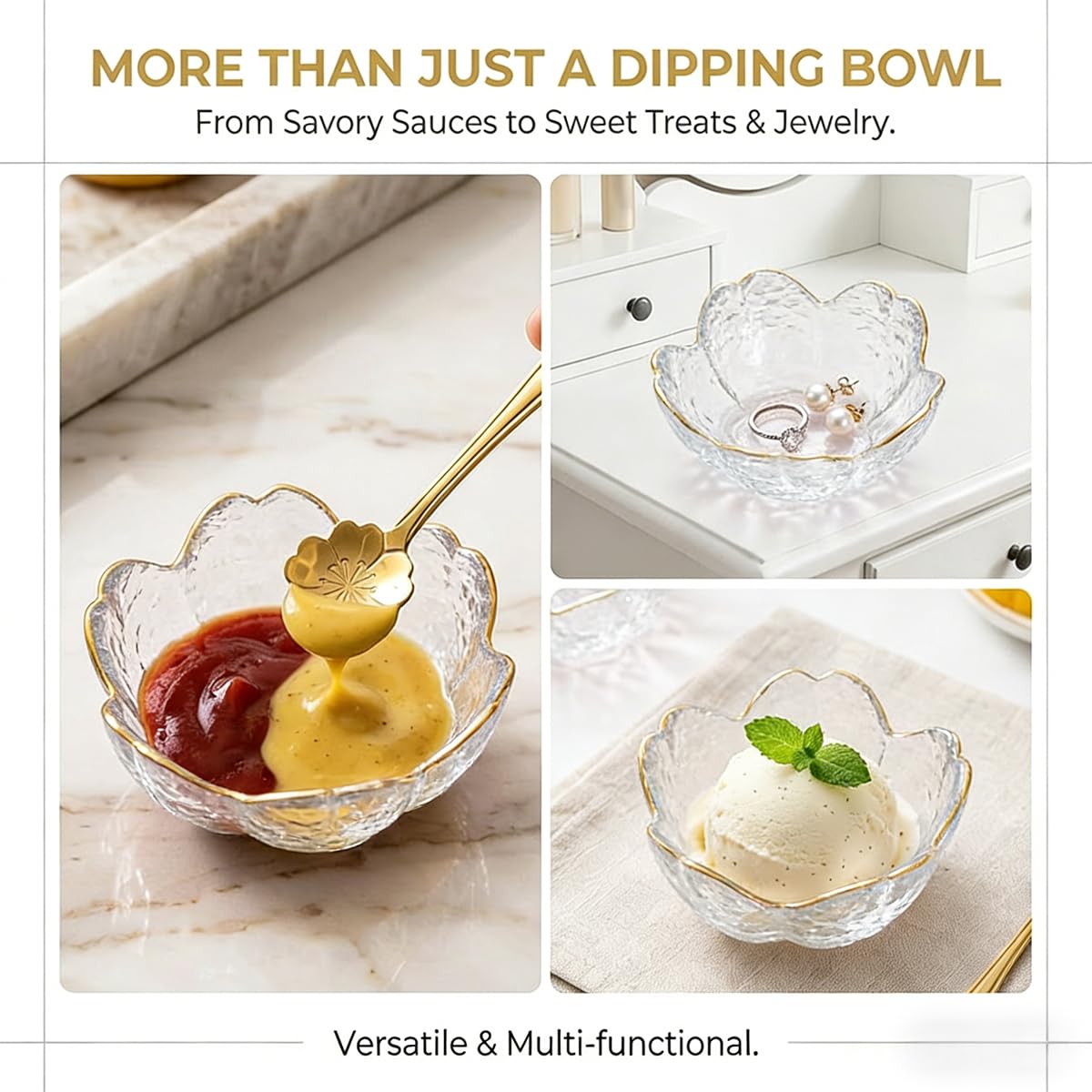 ZAJINJABD 3.3” Small Sakura Dipping Bowls Set with Gold Spoons，Clear Glass Sauce Dishes with Gold Trim for Soy Sauce, Sushi, Snacks, and Party Appetizers （2 Bowls+2 Spoons）