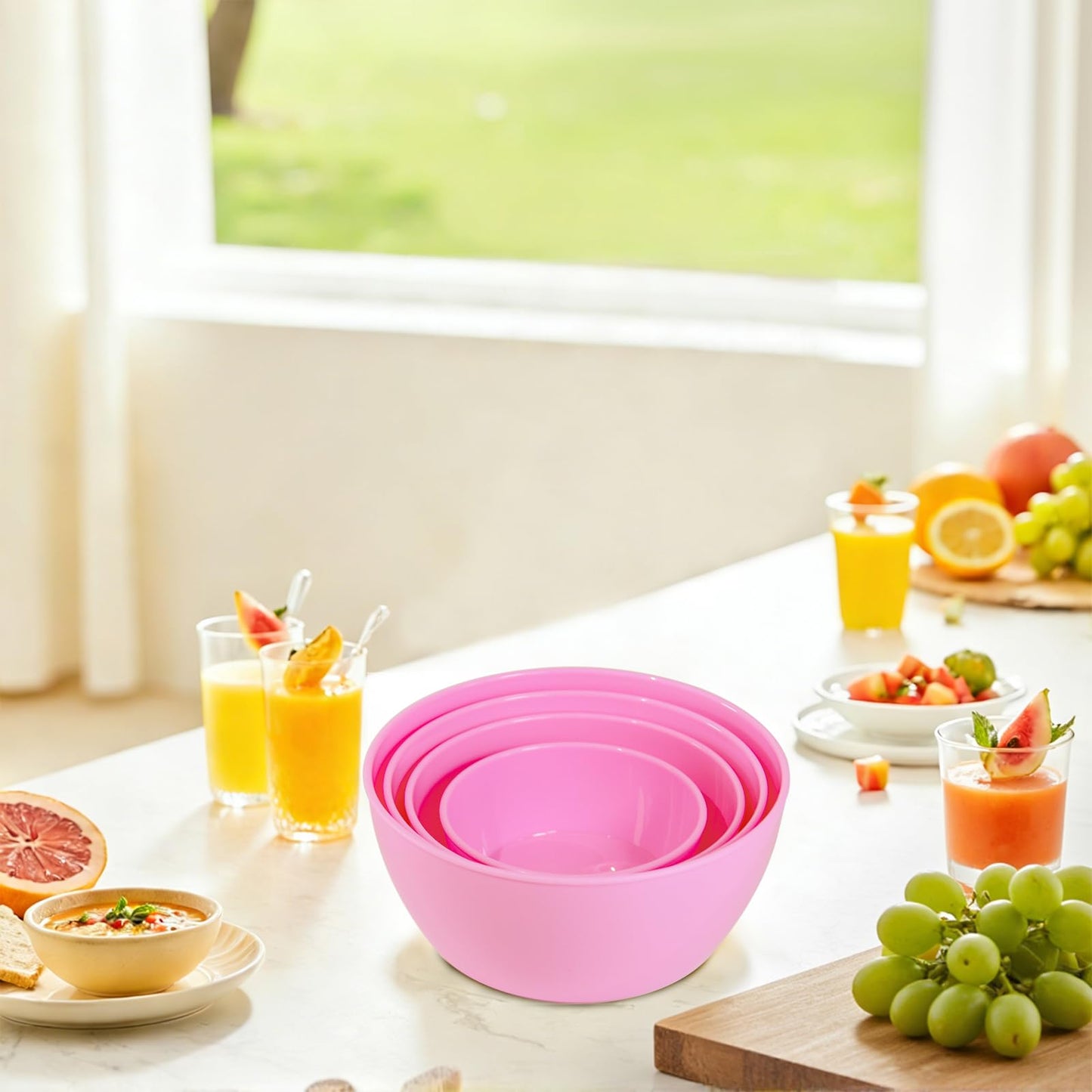 SCWBOEII 4-Piece Classic Plastic Prep Bowls with Lids, Nesting Plastic Small Mixing Bowl Set for Mixing, Baking, Prepping, Cooking and Serving Food, Microwave and Dishwasher Safe (Pink)
