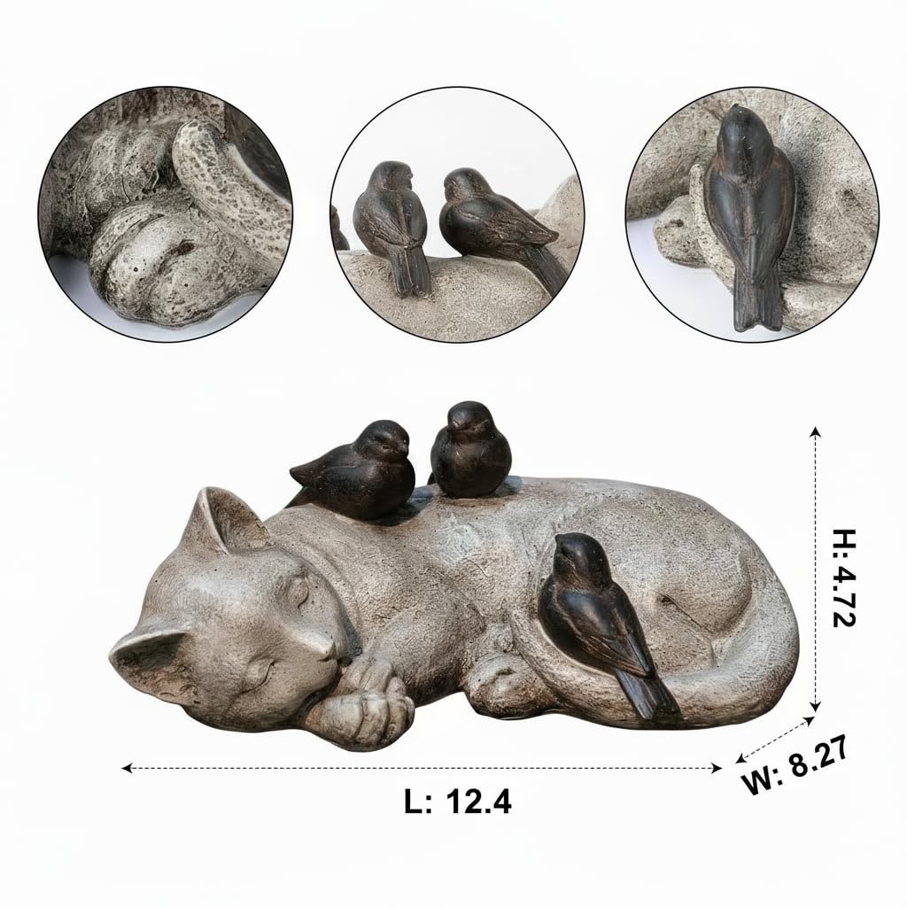 Comfy Hour 4.7" Sleeping Cat with Sparrows Garden Statue, Stone Look Cat Memorial Accent for Outdoor Indoor, Unique Cat Lover Present for Women, Sympathy Pet Remembrance Figurine, 1 Unit