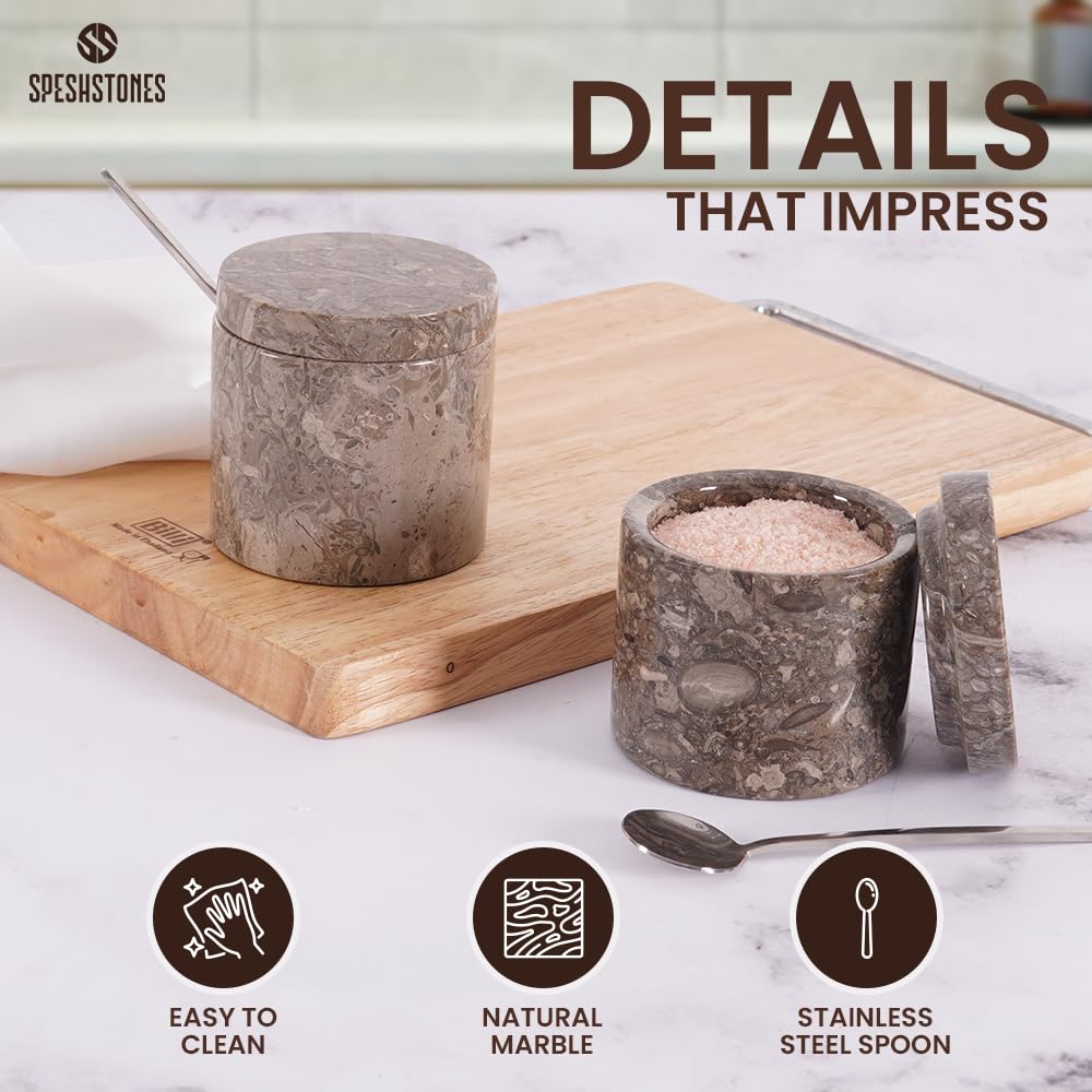 SPESHSTONES Marble Salt Cellar Set of 2 Handmade Stone Salt and Pepper Containers with Lid and Spoon - Marble Salt Box & Spice Jars, Sugar Bowl, 5.2 Oz Salt Holder for Countertop and Table