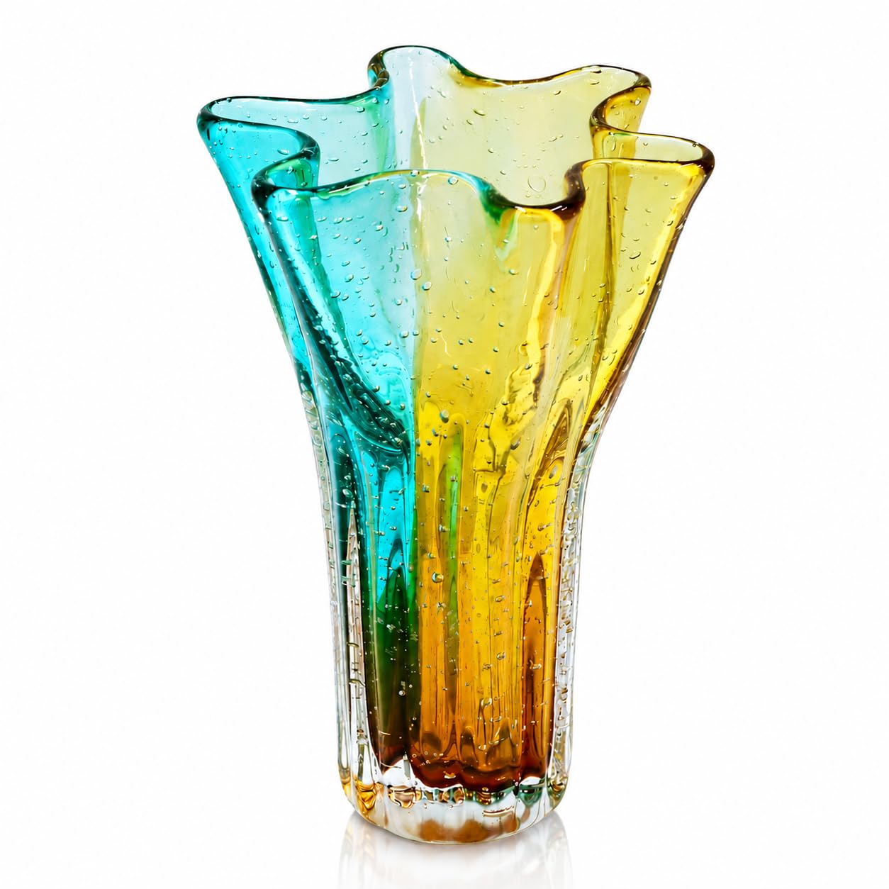 Art Glass Vase with Hand Blown Bubble Texture, Decorative Blue Amber Glass
