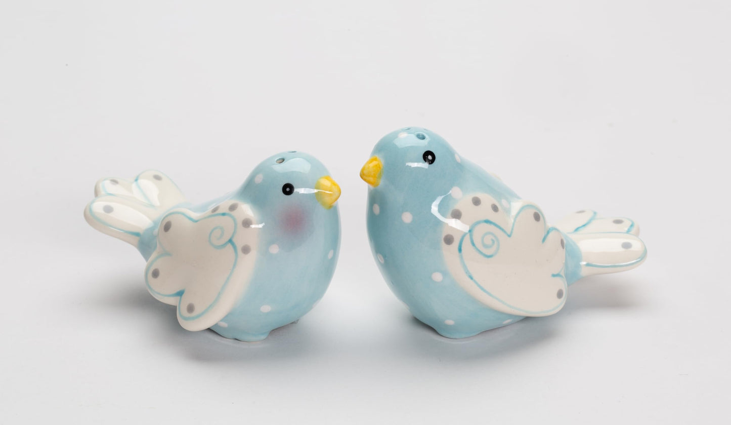 Fine Ceramic Lovebird Bluebird Pastel Baby Blue Bird with White Wings and White Polka Dots Design Salt and Pepper Shakers Set, 3-5/8" L
