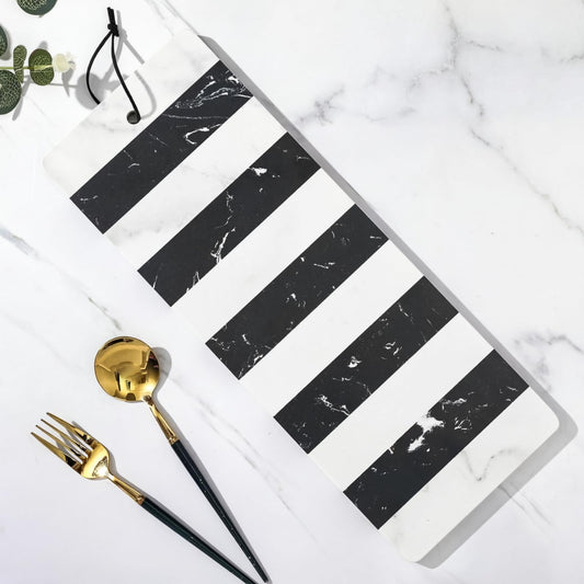 Patelai Marble Cutting Board for Kitchen Multi Purpose Striped Marble Board with Leather Tie 6 x 16 Serving Tray Stone Checkered Cutting for Kitchen Easy to Clean