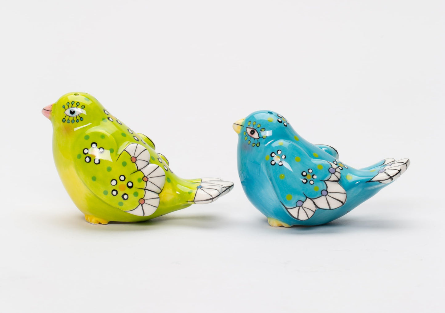 Fine Ceramic Flight of Fancy Hand Painted Blue and Green Love Birds Salt & Pepper Shakers Set, 3-3/8" L