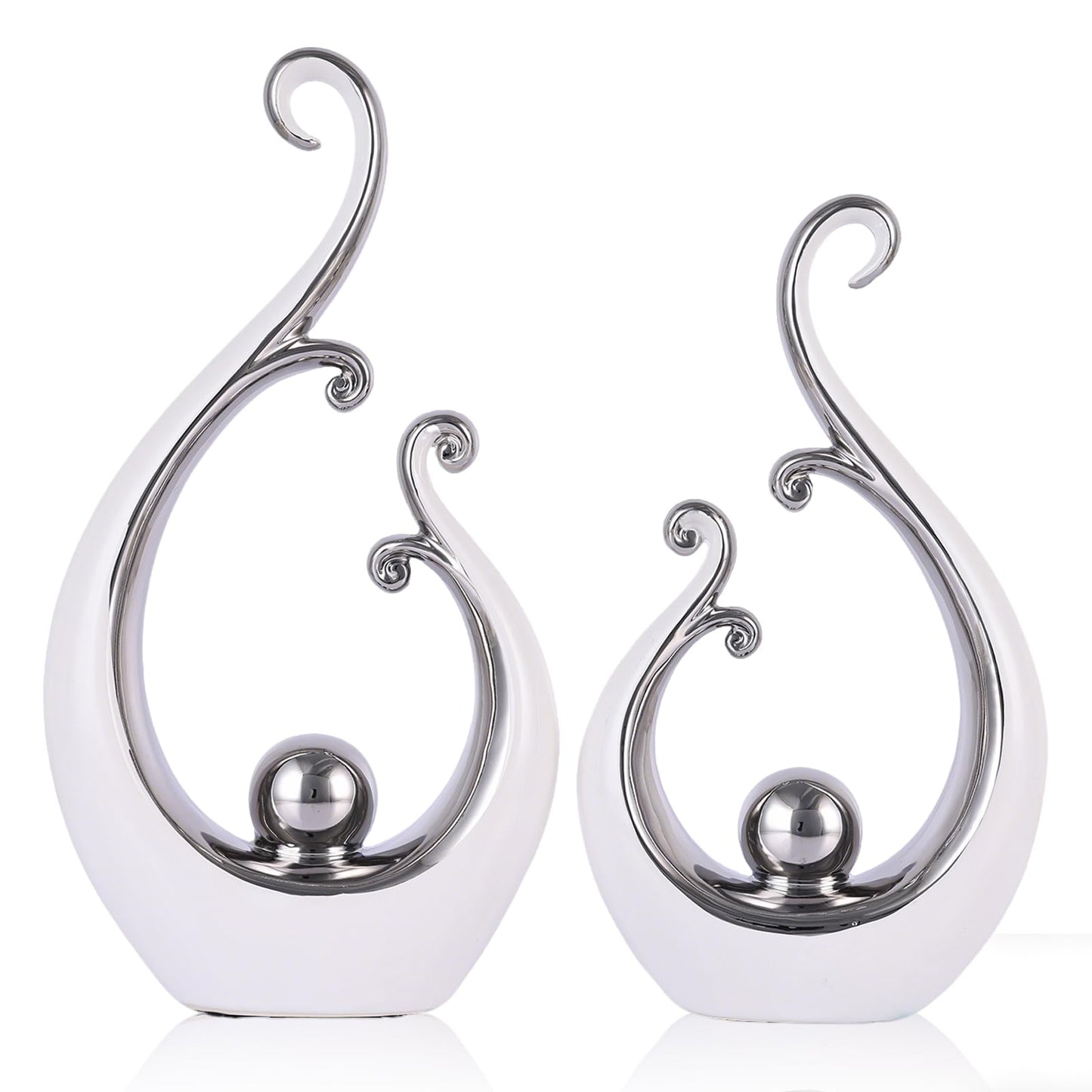 DOVDOV White and Silver Home Decor, Abstract Ceramic 2-Piece Sculpture Set, Modern mid-Century Art Statues, Perfect for Accent Tables, countertops, Coffee Tables, and entryway Decor.