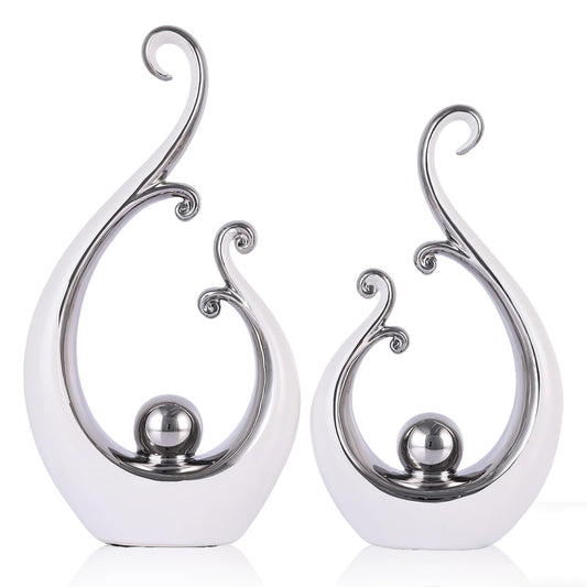 DOVDOV White and Silver Home Decor, Abstract Ceramic 2-Piece Sculpture Set, Modern mid-Century Art Statues, Perfect for Accent Tables, countertops, Coffee Tables, and entryway Decor.