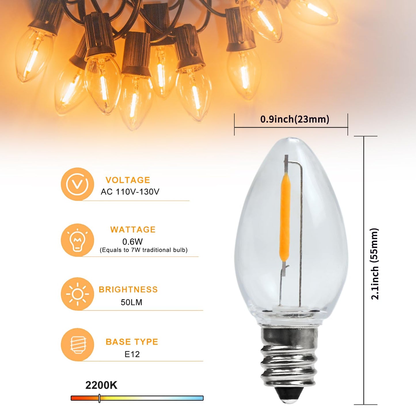 MYEMITTING C7 E12 LED Night Light Bulbs, C7 Replacement LED Light Bulbs, Window Candles & Salt Lamp Bulbs, E12 Chandelier Base, 0.6W Equivalent to 7W, Warm White 2200K, Clear Plastic, 25 Pack