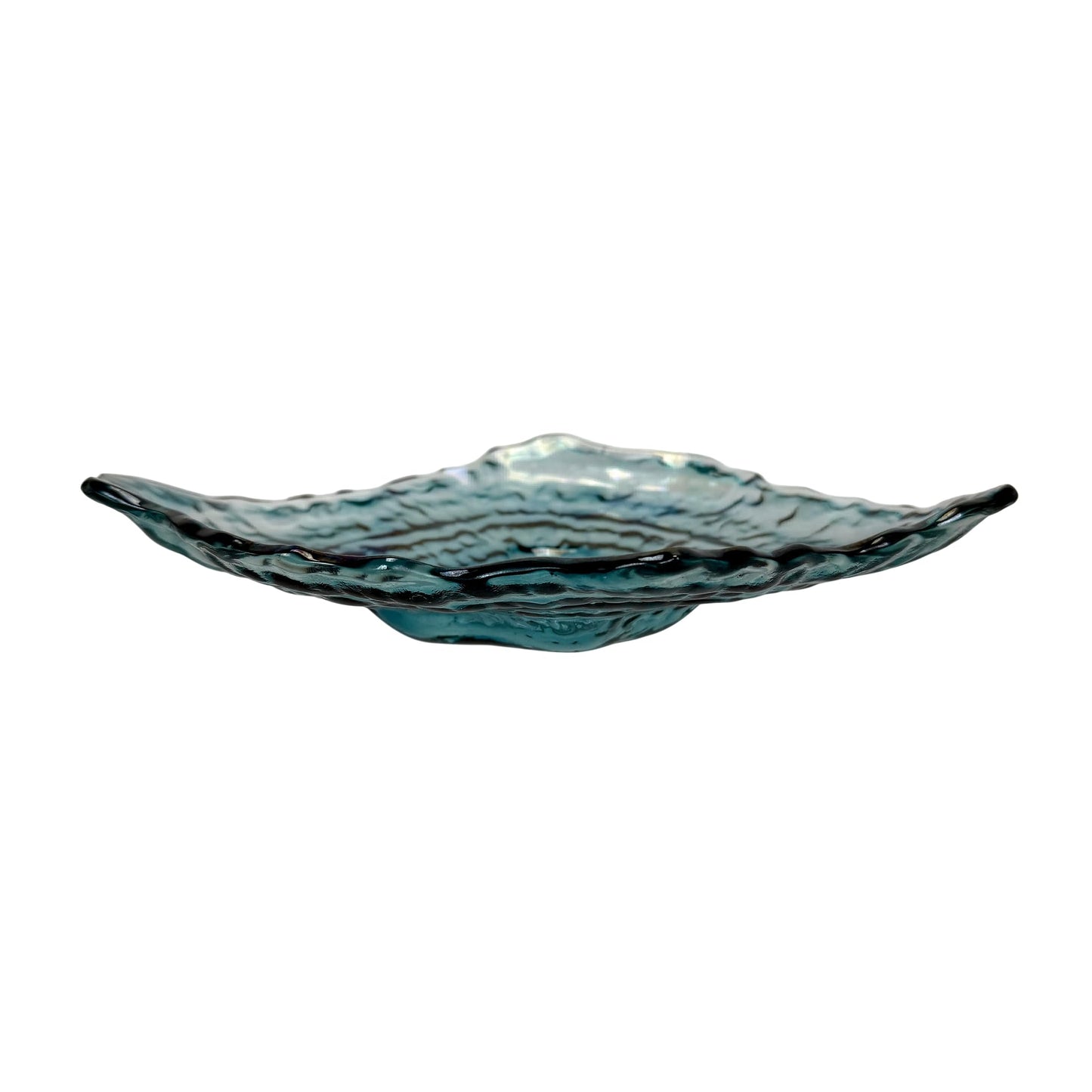 Things2Die4 Oyster Shaped Decorative Plate, 10 X 7.5 Inch Iridescent Sea Blue Glass Accent Dish for Coastal Table Decor, Freeform Wavy Shell Design for Entryway or Living Room