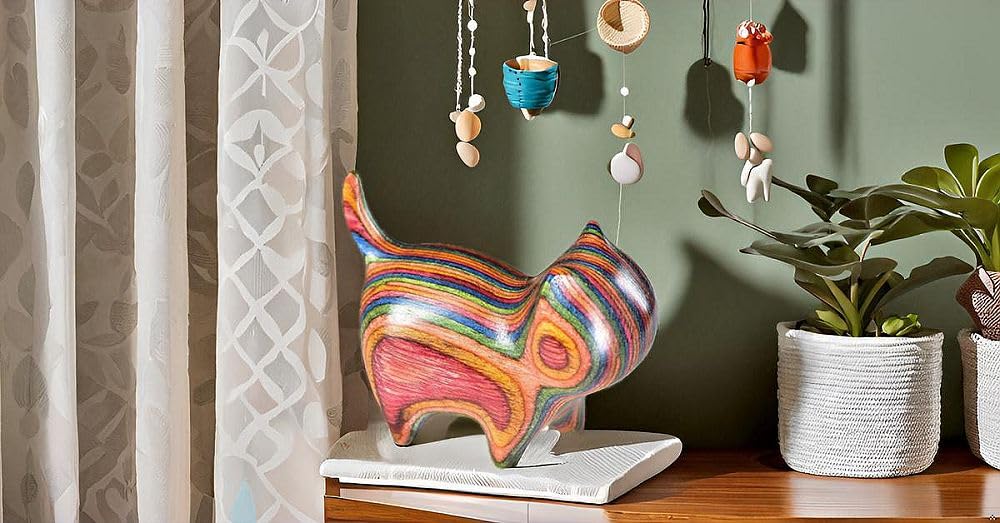HLbshi Handmade Rainbow Wooden cat Figurine Wood Animal Statue Desk Home Decor 1.5'' (Eyeless)