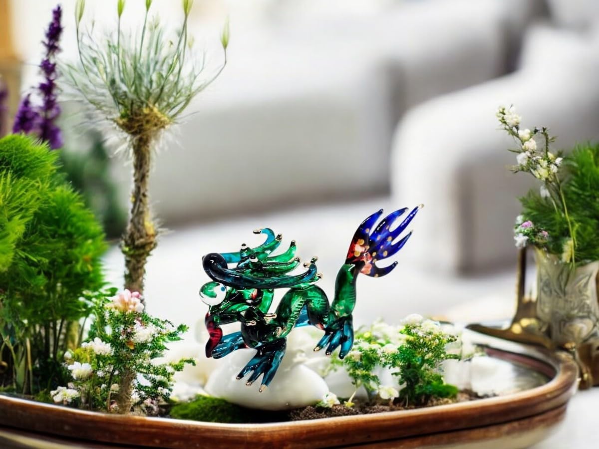 WitnyStore 3" Green Blue Chinese Asian Dragon Artistic Blown Glass Figurine Hand-Blown Statue Tabletop Decoration Unique Collectible for Adult Collectors Handcrafted Elegant Home Room Decor