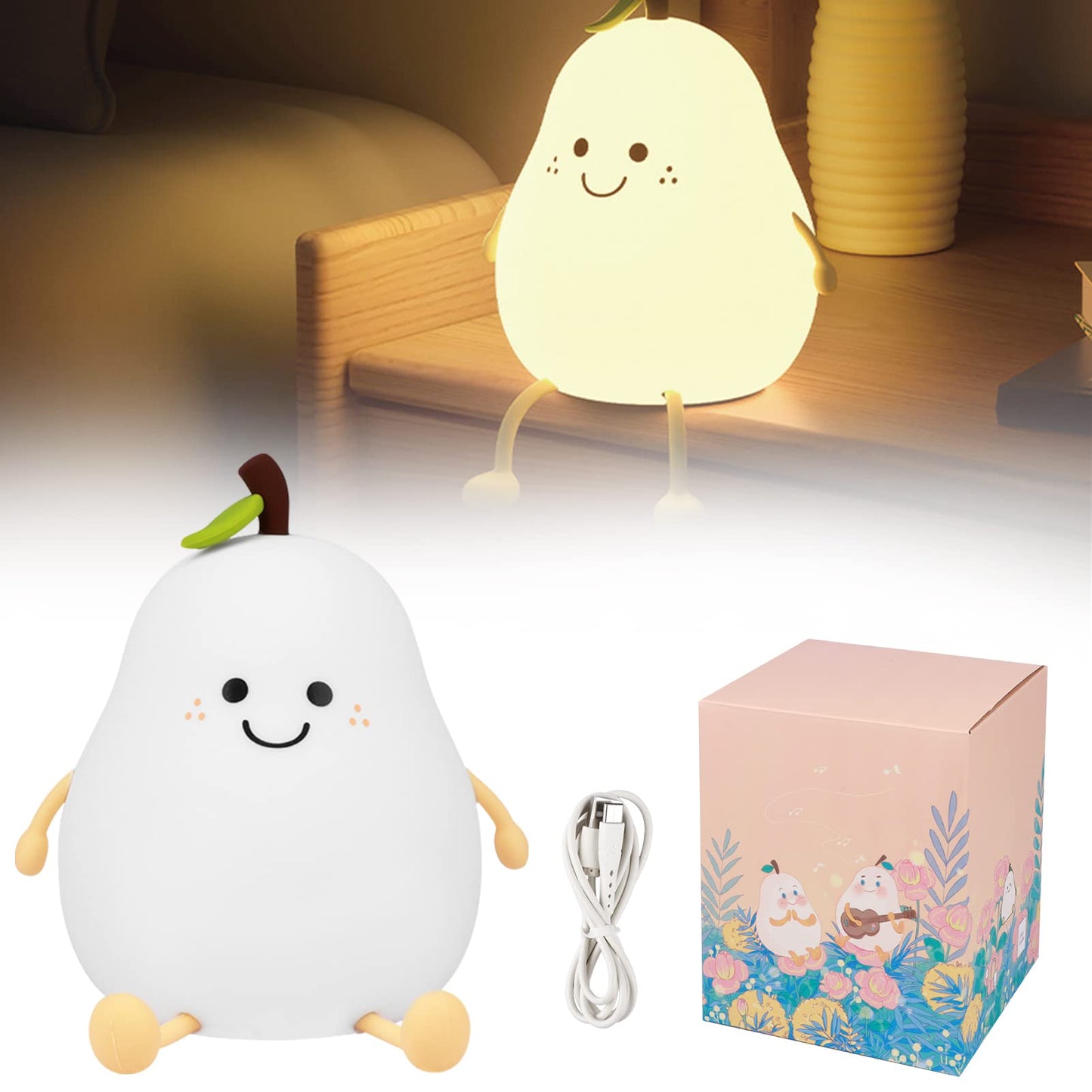 Pear Night Light for Kids, USB Rechargeable Silicone Nursery Lamp 1200mAh, Touch Control Warm White and 7 Colors, 3 Brightness Levels, 30 60 Min Timer, Portable Bedside Light Gift