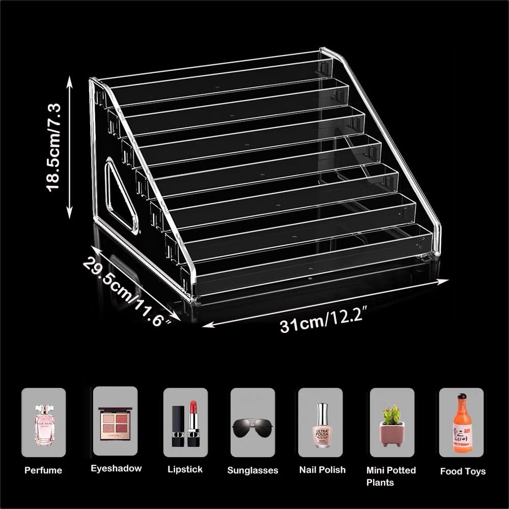 Himilucky 7 Tier Acrylic Display Stand Organiser with Fences, Perfume Stand Organiser, Clear Display Shelf for Home, Office, Retail for Funko Figures Toys Cupcake Food, Cologne, Cosmetics, Storage