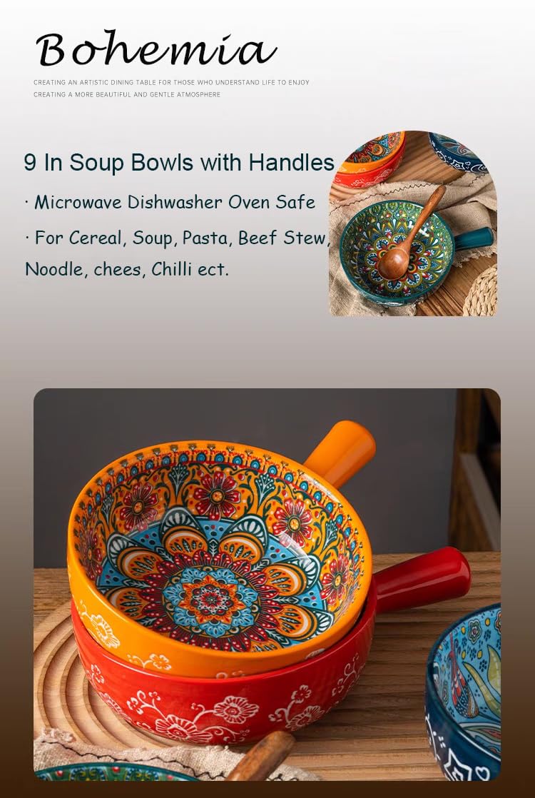 JINNTHE 1PC Ceramic Soup Bowl with Handle – 23oz, 9 Inches Bowl Handmade Shallow Bowl Colorful Floral Microwave & Dishwasher Safe Pasta/Salad Dish Bohemian Style Navy Blue