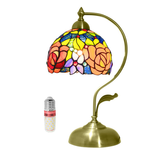 JGWSQ Rose Floral Tiffany Table Lamp, Stained Glass Curved Desk Lamp