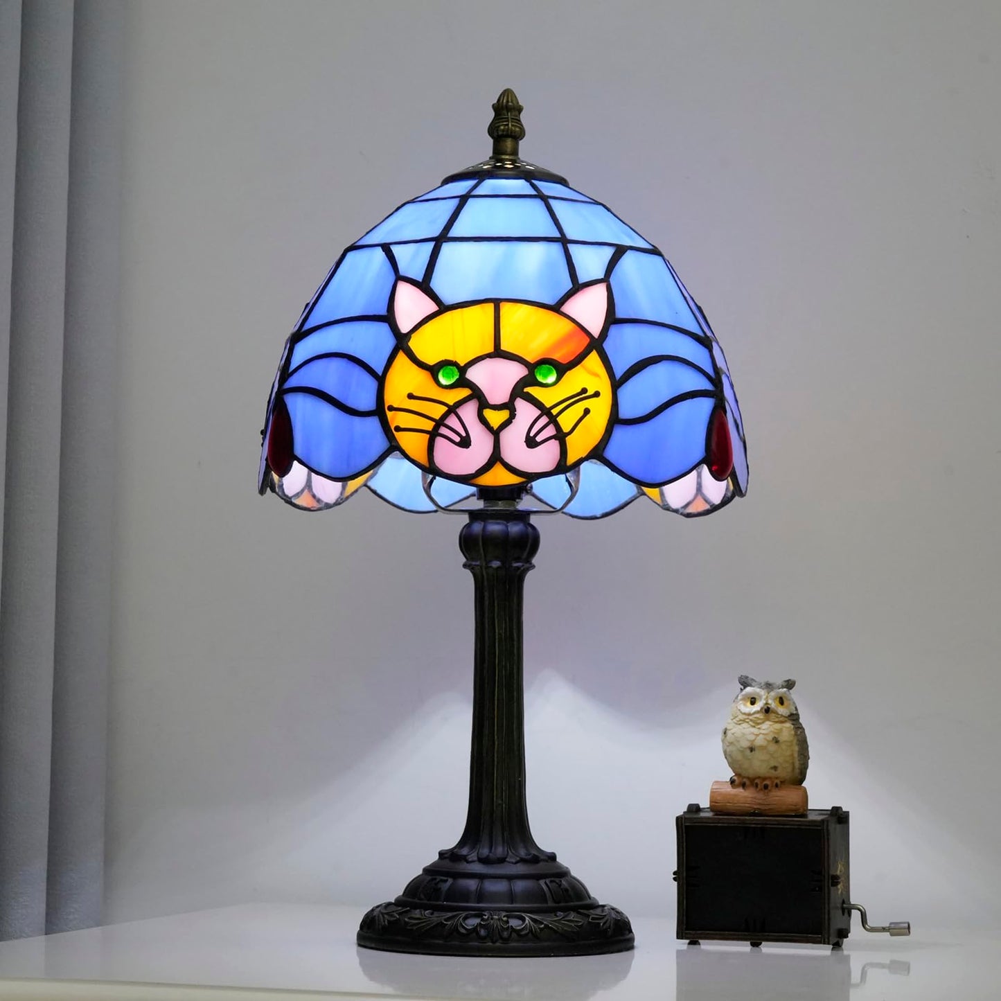Orange Cat Lamp Tiffany Lamp Blue Stained Glass Table Lamp Cute Small Bedside Nightstand Desk Lamp Warm Light Bedroom Office Living Room Kitchen for Cat Lovers Gift Halloween Christmas Kids Decor LED