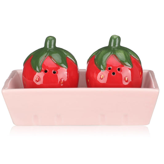 3 Pcs Strawberry Salt and Pepper Shakers Set, Cute Salt and Pepper Shakers with Pink Tray Funny Ceramic Spice Dispenser Storage Canisters for Housewarming Kitchen Table Supplies