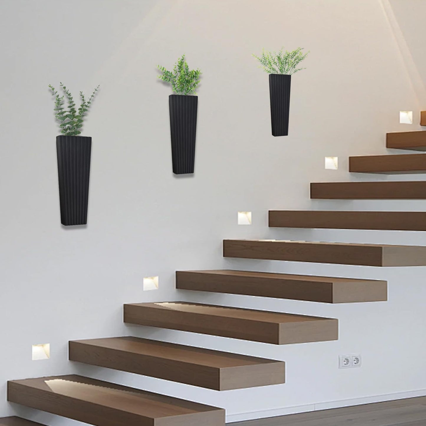 FENNIDICE 2Pack Black Wood Wall Planter for Indoor +2Pack Green Plants,Modern Wooden Hanging Planter for Dried,(Black) Abstract Vase Farmhouse Wooden Wall Decor