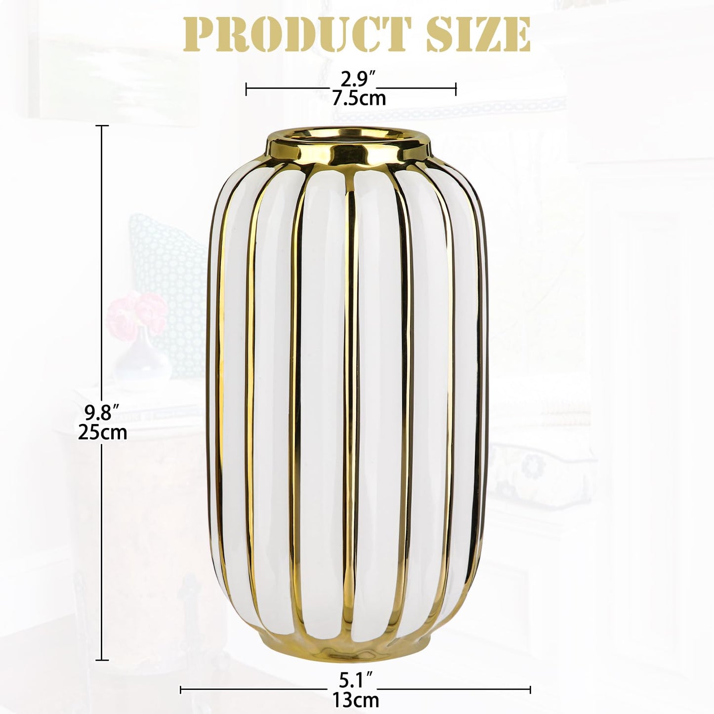 Briful Gold Plated Lantern Ceramic Vase Home Decor Creative Design Porcelain Decorative Flower Vase 11.02'' White Ceramic Vases for Wedding Anniversary Decoration