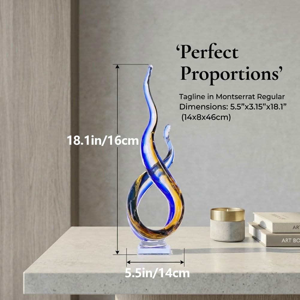 QIANLING 18.1 Inch Glass Wave Sculpture, Hand Blown Abstract Glass Figurine, Tall Decorative Glass Sculpture for Living Room Shelf, Mantel, Bedroom, Tabletop, Office and Home Decor Accent