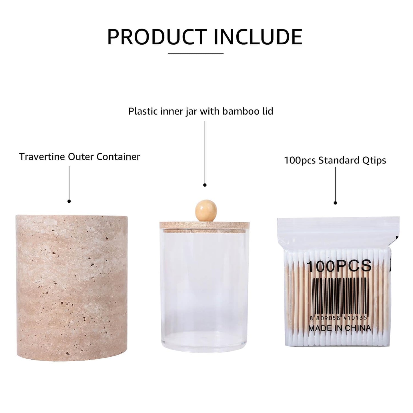 JIMEI Travertine Marble Qtip Holder Dispenser with Bamboo Lid & Clear Plastic Inner Jar - Bathroom Vanity Organizer for Cotton Swab, Ball, Makeup Pads, Floss - Storage Container (Beige)