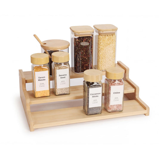 Nurtopia Organizer of Cabinet Special Seasoning, 12in Bamboo 3 Tiered Spice Rack，Used for Kitchen Countertops and Food Storage Room Organizer，Specially Designed for Jars and Spice Bottles (Bamboo, M)