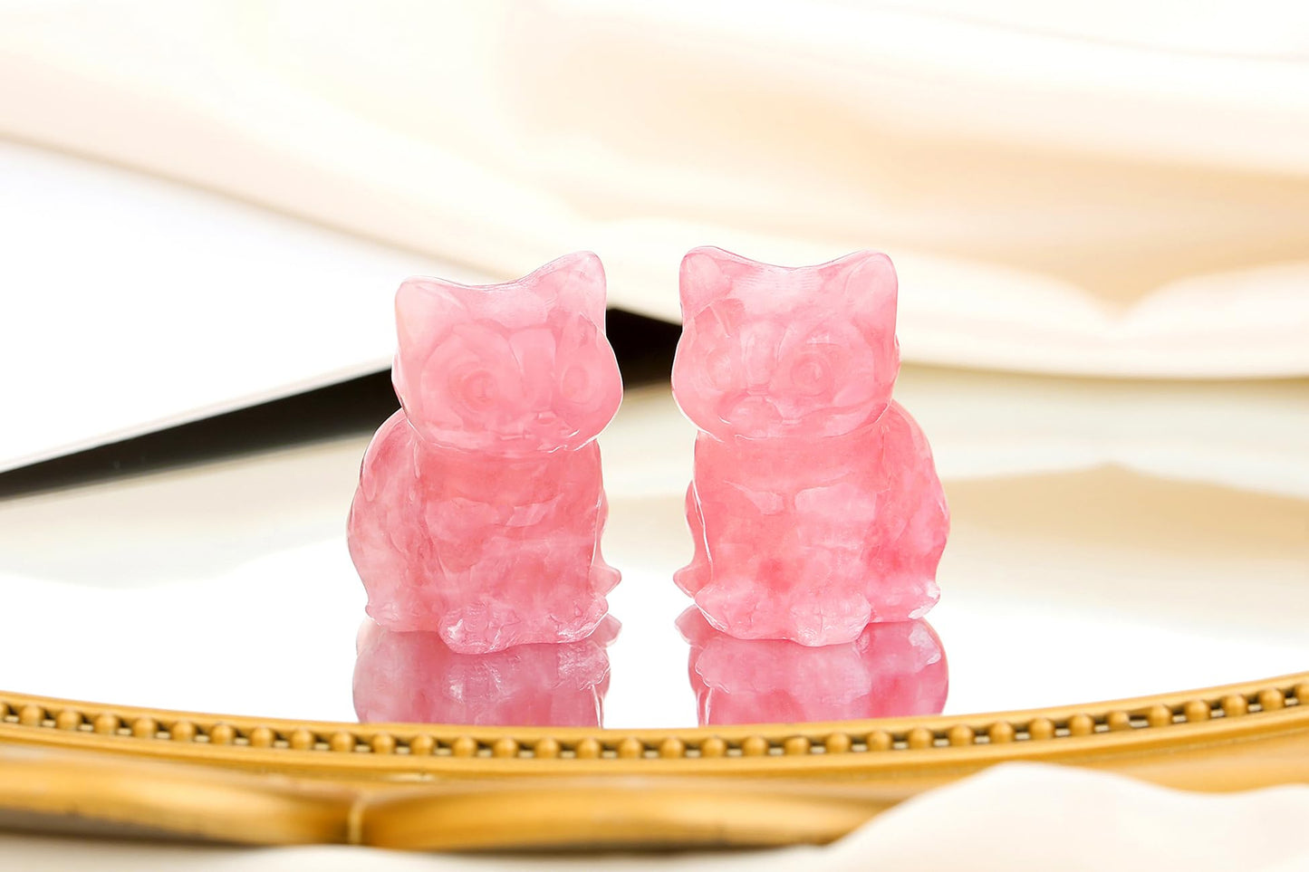 QINJIEJIE 2'' Rose Quartz Cat Figurines Natural Stone Statue Healing Crystals Gift Gemstone Sculpture Room Home Desk LuckyDecoration Cat Gifts for Women