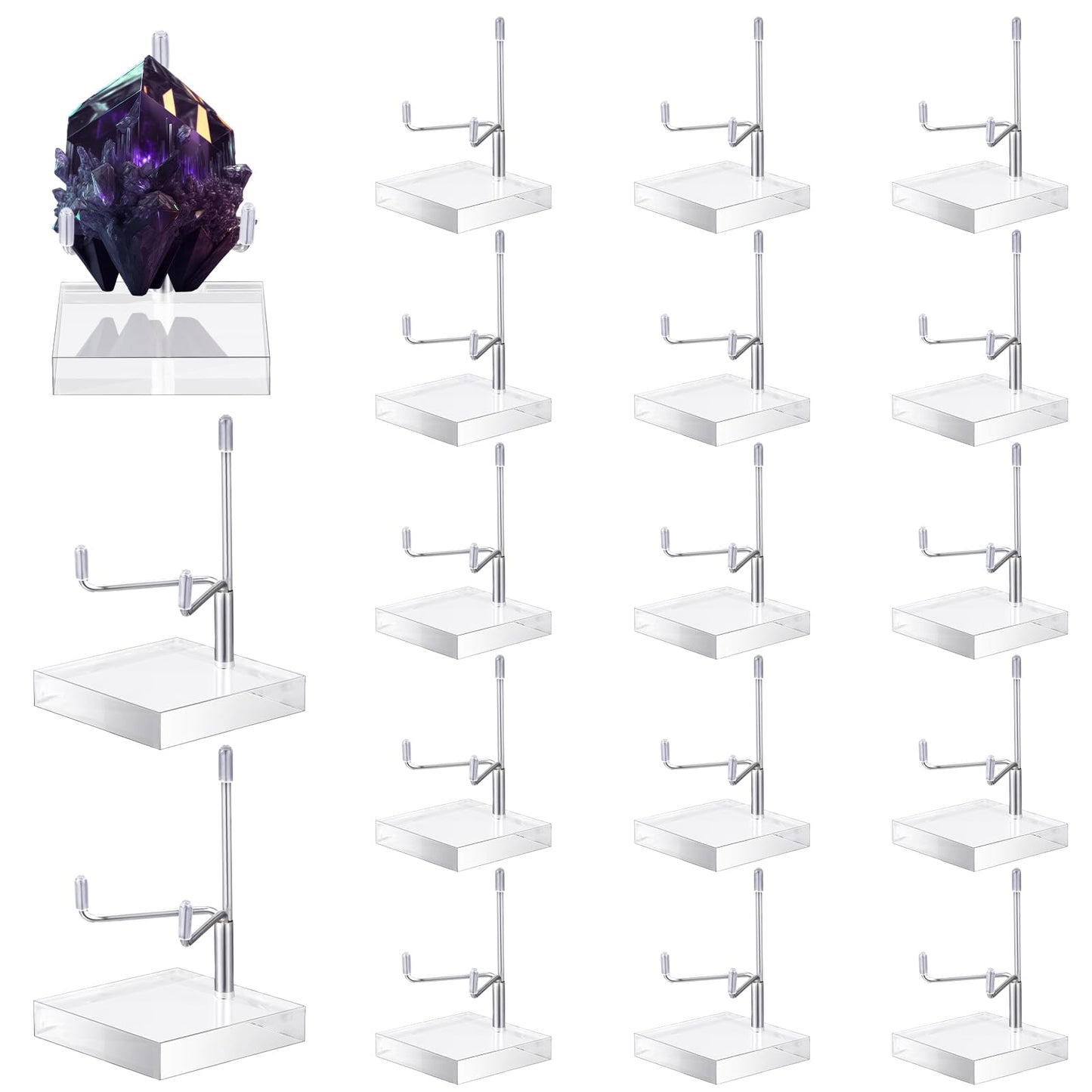 RattanView 16 Pcs Crystal Holder Easel Display Adjustable Metal Arm Display Stand with Acrylic Base Easel Rock Mineral Stand for Gemstone Fossils Geodes Mineral Agate Collection(Silver)