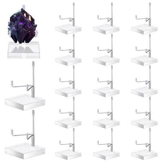 RattanView 16 Pcs Crystal Holder Easel Display Adjustable Metal Arm Display Stand with Acrylic Base Easel Rock Mineral Stand for Gemstone Fossils Geodes Mineral Agate Collection(Silver)