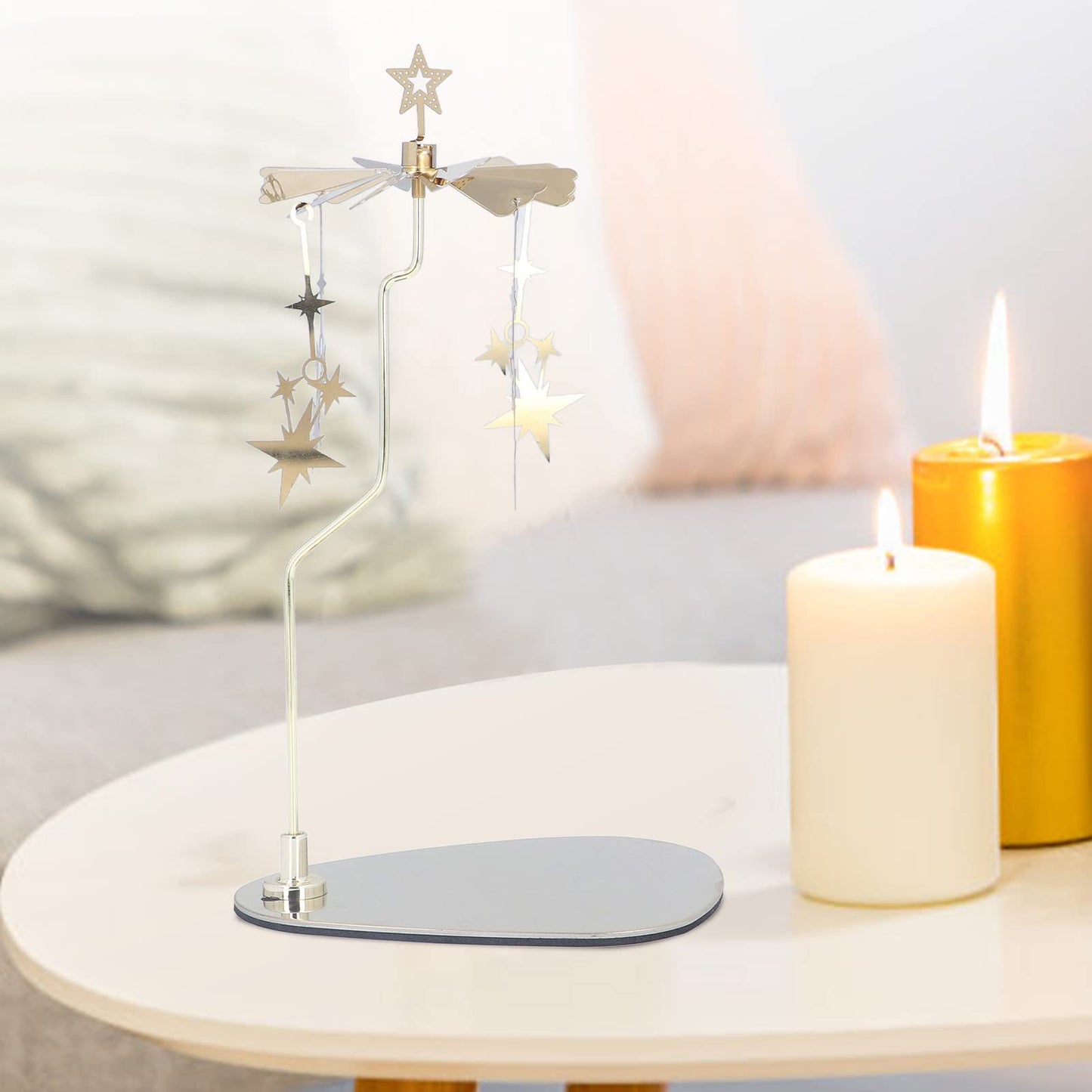Rotary Candle Holder, Round Triangle Tray Romantic European Stainless Steel Aromatherapy Wind Chime Candle Holder for Home Party Decoration Photo (Gold Star (No