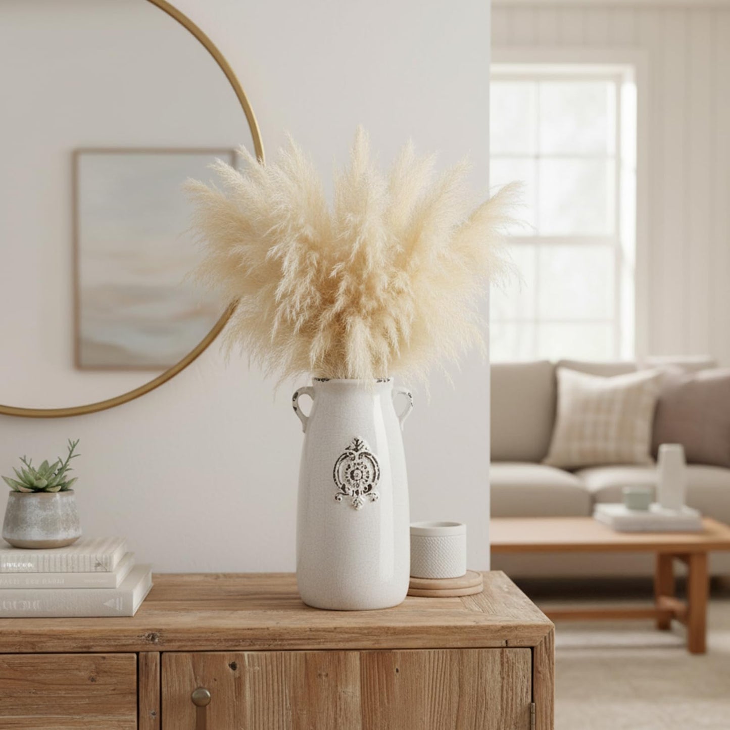MyGift Farmhouse White Ceramic Vase with Handle and Embossed Seal Design, Antique Jug Shaped Tabletop Flower Vase