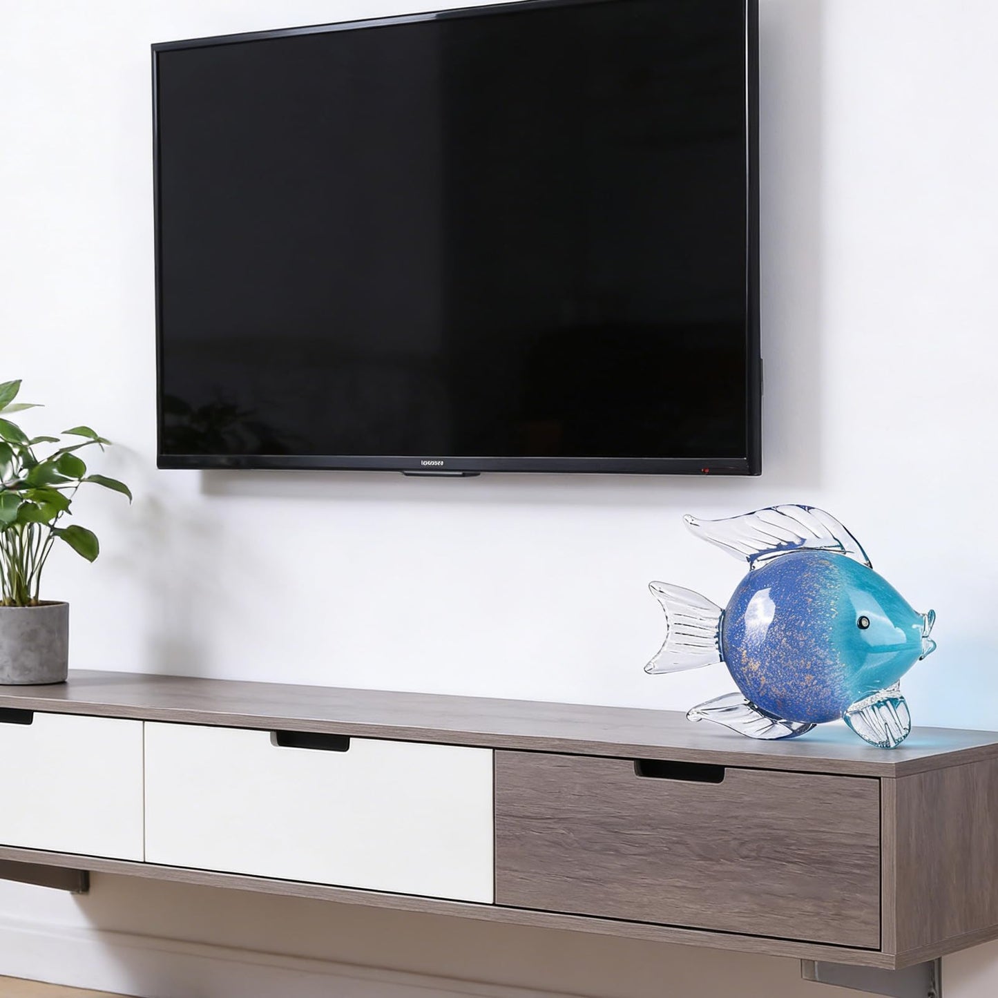 oliruim Blue Glass Fish Art Decoration Hand Blown Glass Fish Figurine, Art Paperweight Collection, Modern Office Luxury Decorations(WA-7)