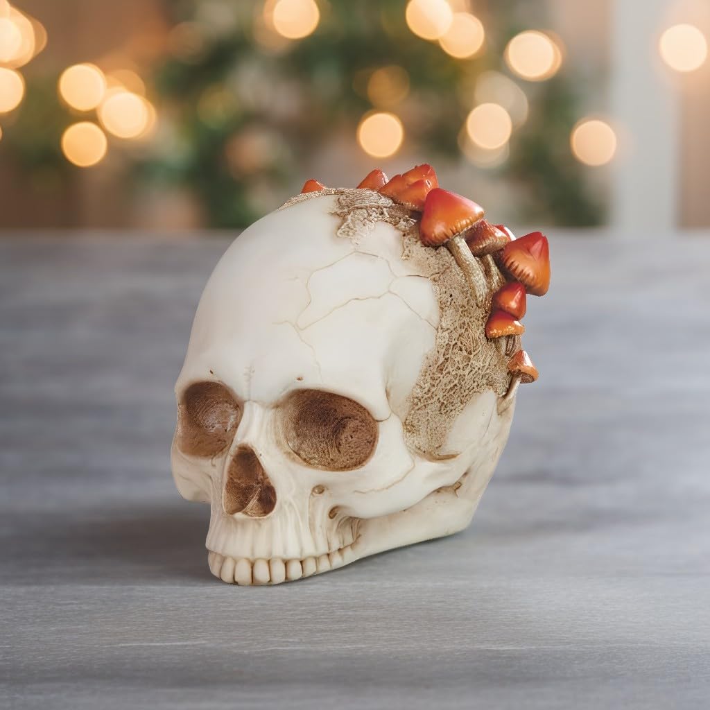 ICE ARMOR Hand Painted 4.75" H Skull with Mushroom Figurine Statue Sculpture Ornament Decoration Home/Room Decor Ideas for Housewarming, Holidays and Birthdays Great Collectible